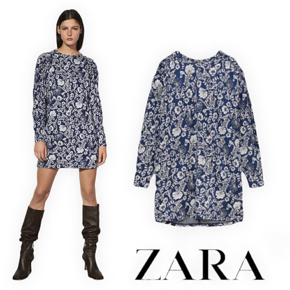 ZARA | Navy | FLORAL JACQUARD DRESS